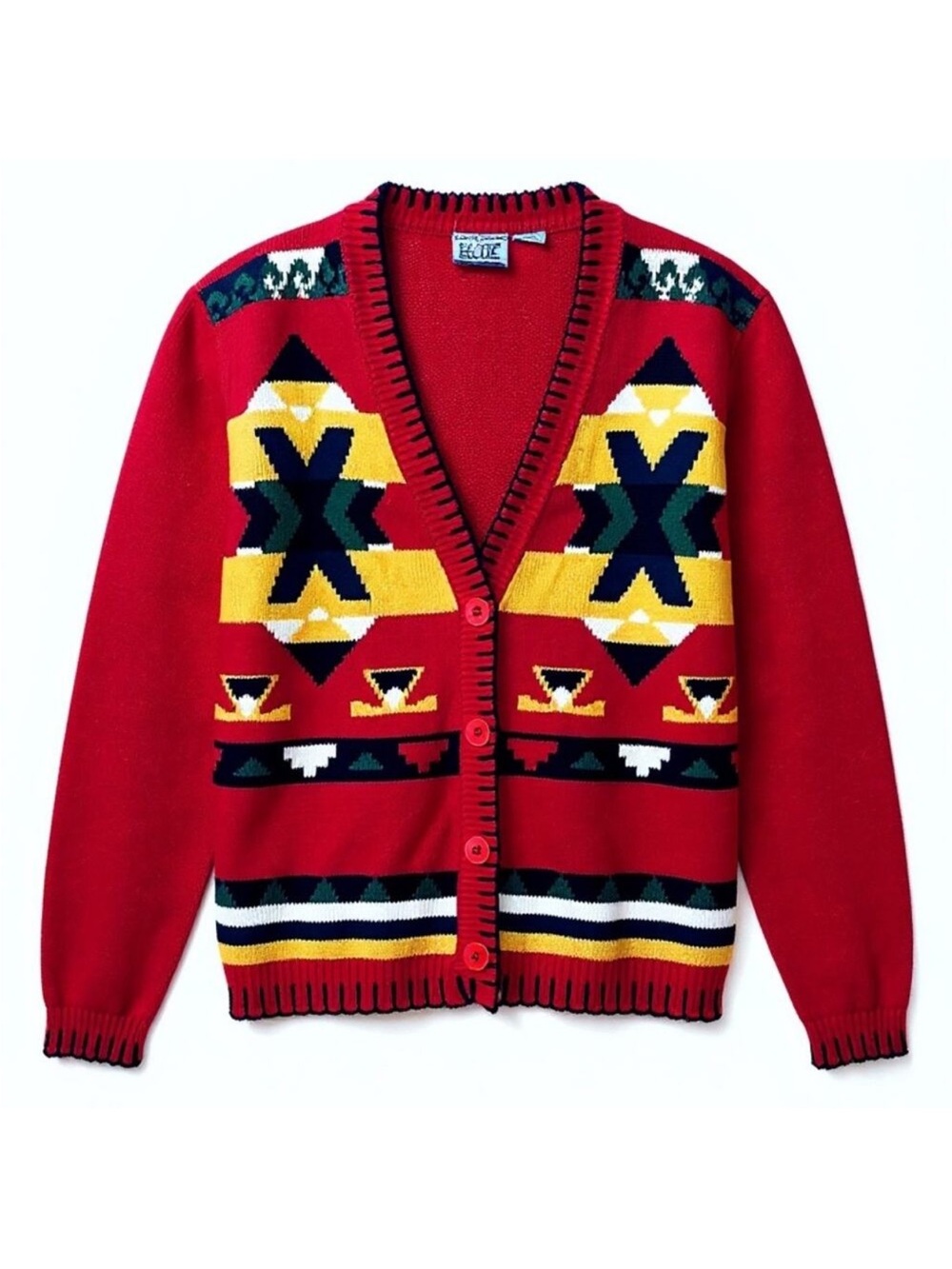 Beyond Blue Vintage 90s Women’s Sz M Southwestern Cardigan Sweater Red Cotton